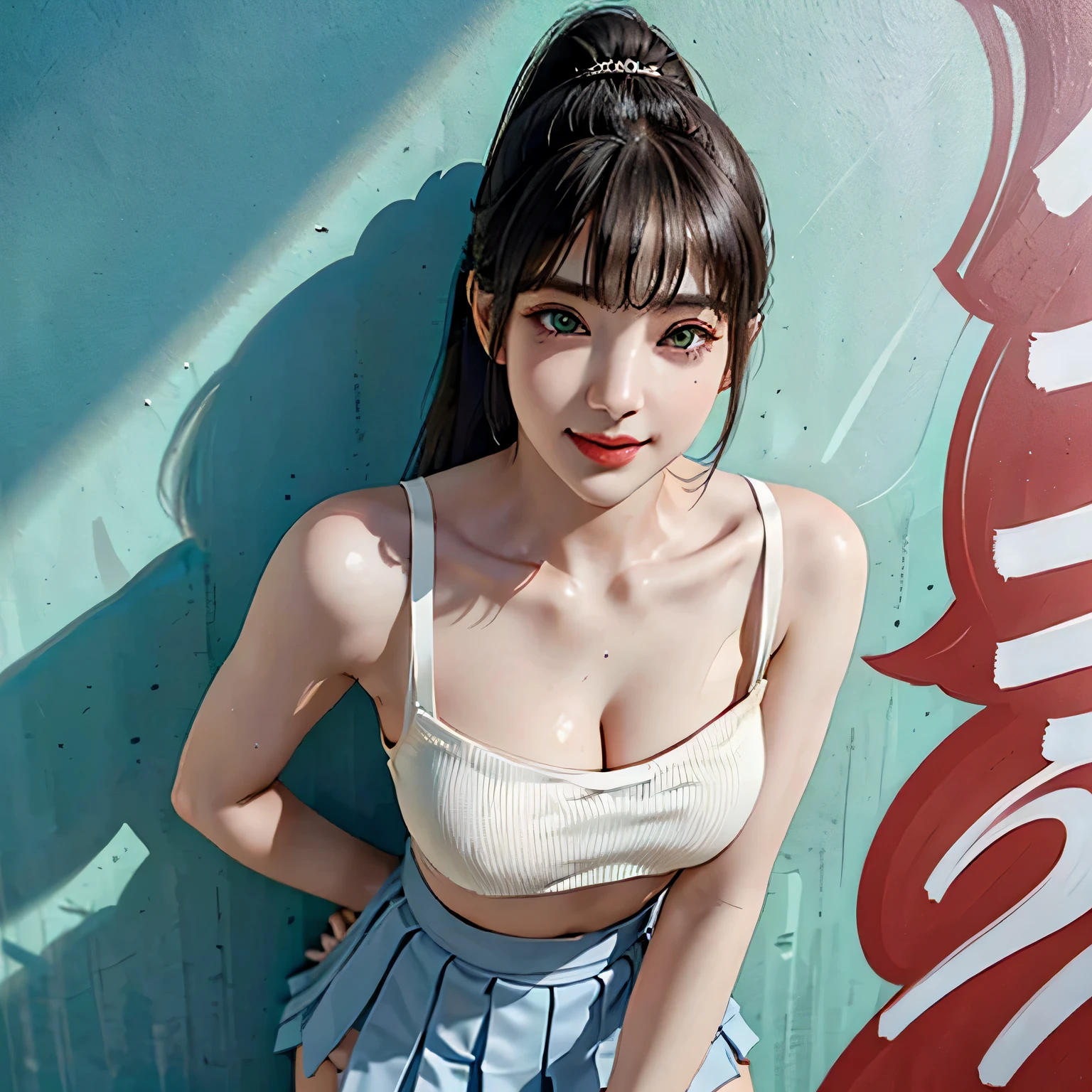 masterpiece, premium quality, Highly detailed CG Unity 8K wallpaper, Super realistic 8kCG, perfect artwork, hourglass body shape, dramatic shadow, (Spotlight, perfect lighting, detailed light, (((1 girl ))), ((sharp face)), ((lead head hair, ponytail hair)), (((sexy pose))), model body shape, I can see your belly button, big and full breasts, ((cute face) ), (smile gently: 1.2), (asymmetrical bangs, beautiful eyelashes, green eyes), beautiful face, (beautiful chest line: 1.2), (cleavage), beautiful girl, Exquisite facial features that represent a perfect face, cold, naturally beautiful, Sweat, light and beautiful texpensive expression., expensive school girl, expensive , sailor suit, pleated skirt, loose socks, In front of a wall full of graffiti, night, (((leaning against the wall, she is standing))), award winning photos, detailed, realistic light and shadow, 8K resolution, professional lighting, (shiny skin:0.9), perfect hands,