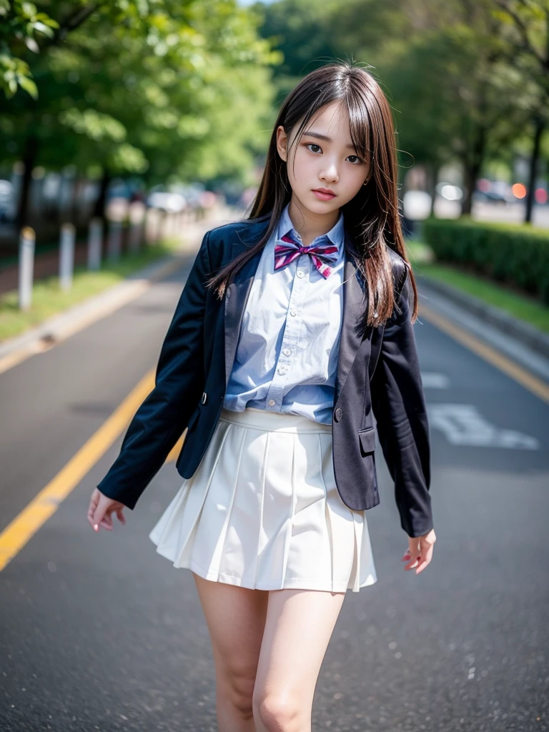 (masterpiece, highest quality:1.4), award-winning portraits, 8K, 85mm, alone, beautiful face, delicate girl, , (dark navy blazer jacket), dark navy skirt, long sleeve, violaces, gardenia, grace, Sophisticated, cute, teen, looking at the viewer, 15 years old, Raw photo, disorganized, HDR, sharp focus, A bow tie, background bokeh、(((flat 、thin and delicate body、A childish atmosphere)))、Her shiny semi-long hair is tied up、hair swaying in the wind、Mole on the left cheek、large, round, dark blue eyes、full body、random pose、Run、sprinting、Skirt fluttering in the wind、Junior idol、Nogizaka Idol、widening skirt、jump、mole under eye、sexy、