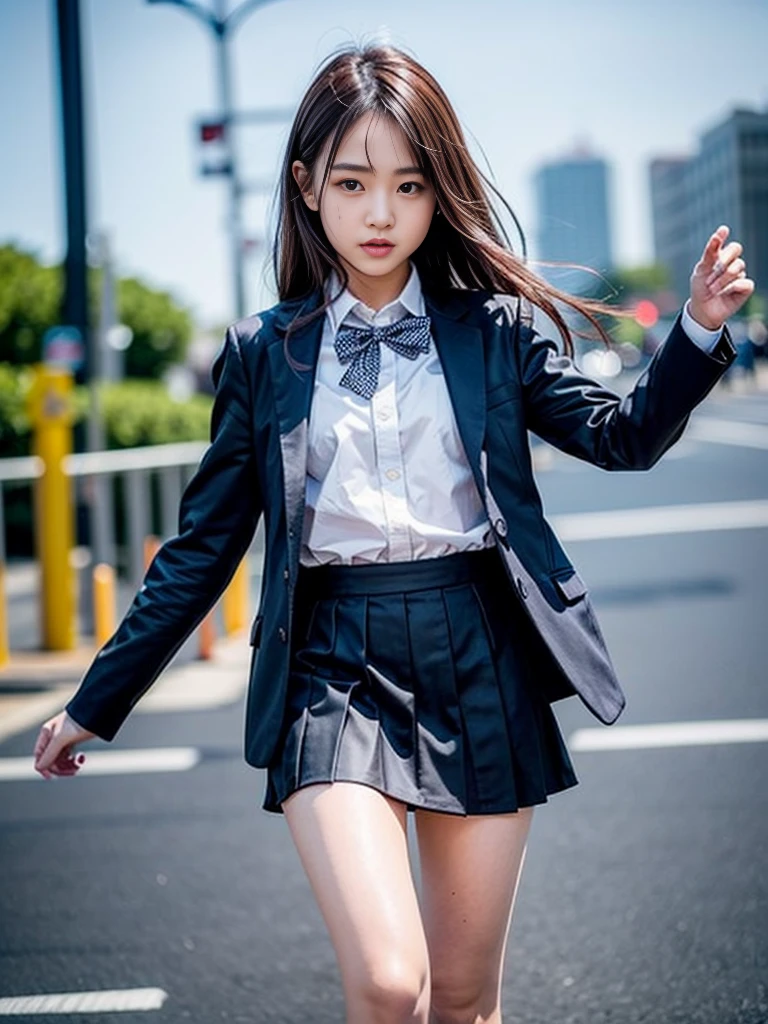 (masterpiece, highest quality:1.4), award-winning portraits, 8K, 85mm, alone, beautiful face, delicate girl, , (dark navy blazer jacket), dark navy skirt, long sleeve, violaces, gardenia, grace, Sophisticated, cute, teen, looking at the viewer, 15 years old, Raw photo, disorganized, HDR, sharp focus, A bow tie, background bokeh、(((flat 、thin and delicate body、A childish atmosphere)))、Her shiny semi-long hair is tied up、hair swaying in the wind、Mole on the left cheek、large, round, dark blue eyes、full body、random pose、Run、sprinting、Skirt fluttering in the wind、Junior idol、Nogizaka Idol、widening skirt、jump、mole under eye、sexy、