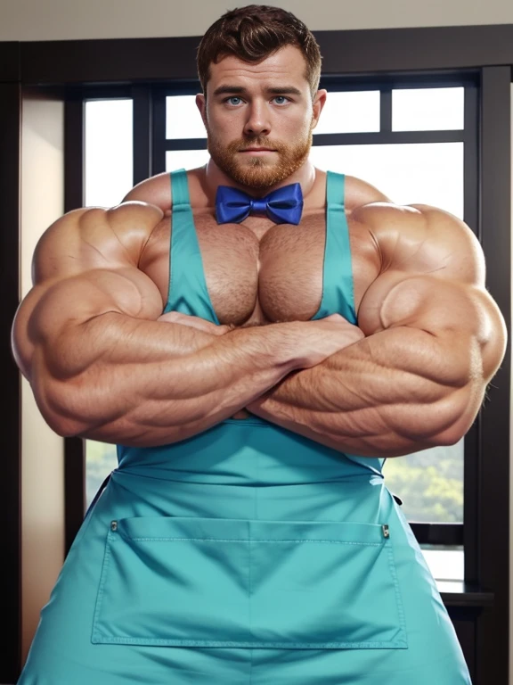 ginger daddy with blue/green eyes, very gorgeous man, very handsome man, very beautiful man, very masculine face, bursting with muscles, gigachad muscles, lean but muscular, ripped, proportionally enormous pecs, (crossing arms:1.5), arms crossed, big package bulge, hung, (Muscular:2.0), (defined muscles:1.5), flexed chest, (Huge Bulge:1.3), soft smile, wearing nothing but an apron and a bowtie, Josh Hutcherson with a beard and wrinkles