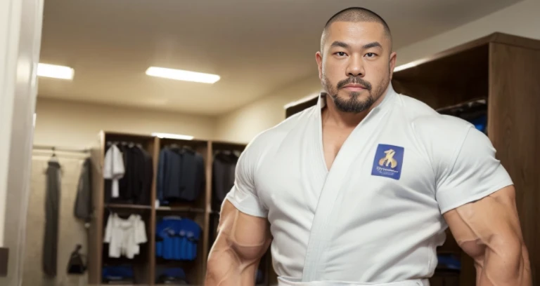 (open-chested clothing:1.8), (judo uniform:1.2), (inside club locker room:1.2), Japanese man, Chinese man, Korean man, Taiwanese man, manly face, (round face:1.2), (monolid eyes:1.2), (buzz cut:1.4), very large and strong body, (bulging muscles:1.3), (very large pectoral muscles:1.3), (muscular arms:1.3), muscular abs, muscular legs, muscular back, brightens oily skin, master piece, realistic, panorama, distant view