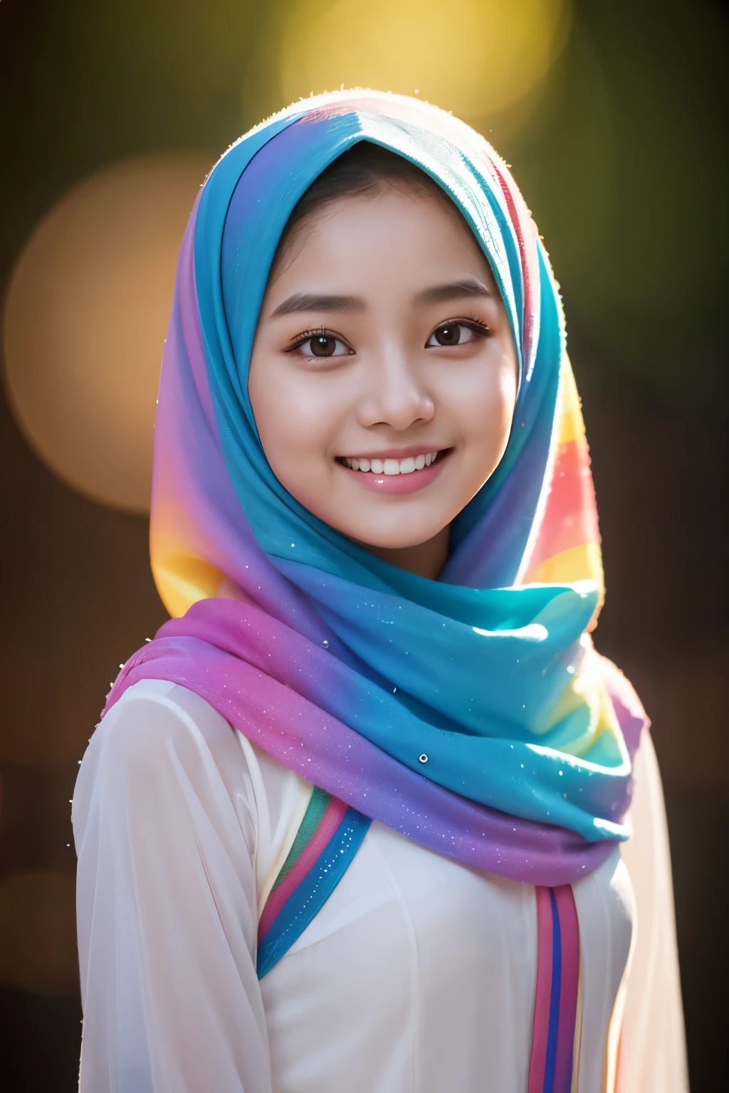 tzuyu, iu, yooa, smiling, front, cute, rainbow, 1 javanese girl , modern plain hijab, shy, medium portrait shot , wet , glowing particles, wear rainbow lingerie, light bokeh background,