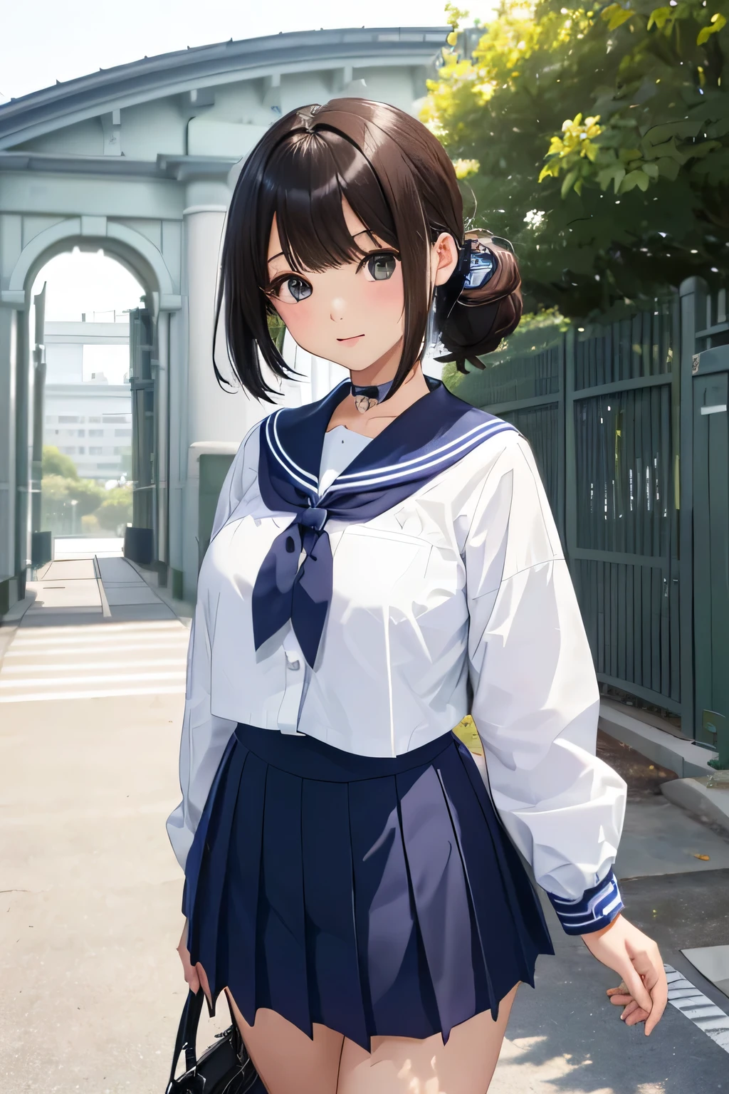 (highest quality:1.5)、ultra high resolution、detailed background、masterpiece、Anatomically correctNew、(Detailed beauty new face:1.4)、cute age girl、brown hair、bob cut、ponytail、(huge breasts:1.2)、realistic、perfect body line、first time々New、Japanese high school、In front of the main gate of the school、Stand in front of the main gate、Entrance ceremony、
(navy blue sailor suit、white sailor collar、navy pleated mini skirt、white knee high socks)、cowboy shot、
(A beautiful girl with a big smile standing in front of the main gate of a high school:1.5)、cute gesture、ribbon、hair ribbon、cute