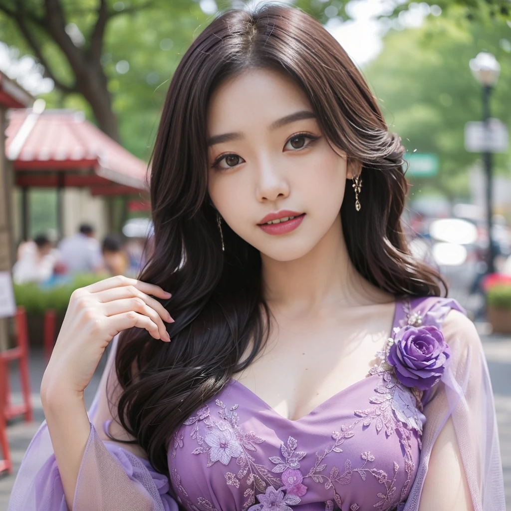a close up of a woman in a purple dress posing for a picture, beautiful south korean woman, beautiful young korean woman, lovely woman, beautiful girl model, beautiful asian girl, cute elegant pose, cute beautiful, sakimichan, purple flowing hair, gorgeous young korean woman, beautiful cute, purple dress, elegant smiling pose, yanjun chengt, violet long hair