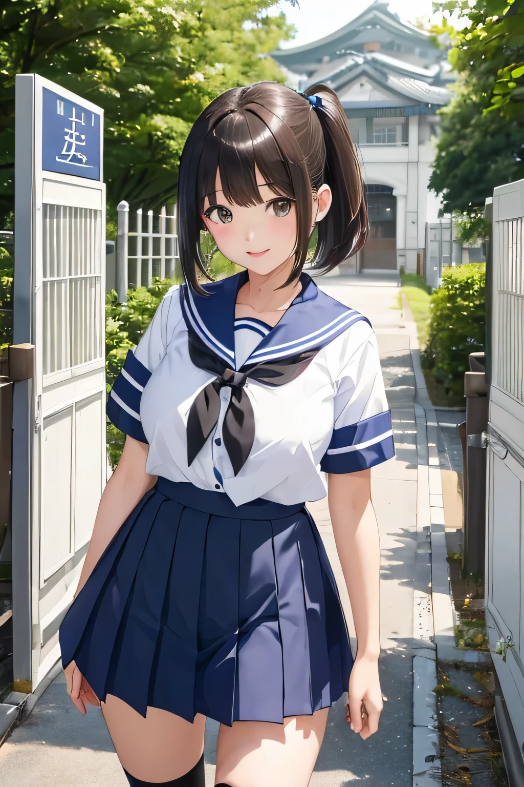 (highest quality:1.5)、ultra high resolution、detailed background、masterpiece、Anatomically correctNew、(Detailed beauty new face:1.4)、cute teenage girl、brown hair、bob cut、ponytail、(huge breasts:1.2)、realistic、perfect body line、first time々New、Japanese high school、In front of the main gate of the school、Stand in front of the main gate、Entrance ceremony、
(navy blue sailor suit、white sailor collar、navy pleated mini skirt、white knee high socks)、cowboy shot、
(A beautiful girl with a big smile standing in front of the main gate of a high school:1.5)、cute gesture、ribbon、hair ribbon、cute
