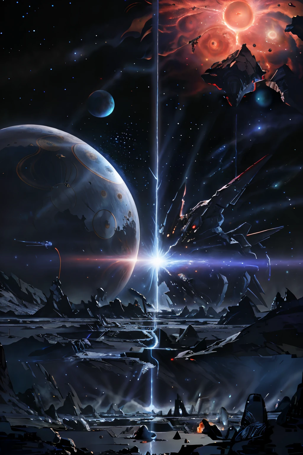 A breathtaking and epic scene of the "Battle of the Universe" unfolds before your eyes, a fiery and intense cosmic war between powerful and militant alien invaders and peaceful human aliens. The vast expanse of space is filled with exploding stars, collision of celestial bodies, and a mesmerizing display of cosmic phenomena. Colossal alien warships clash against human space fleets, their weaponry emitting dazzling beams and explosive bursts of energy. Planets and moons tremble as the vast collateral damage of this interstellar struggle spreads across the galaxies. The harmony and tranquility of the universe are shattered, replaced by a dramatic and
