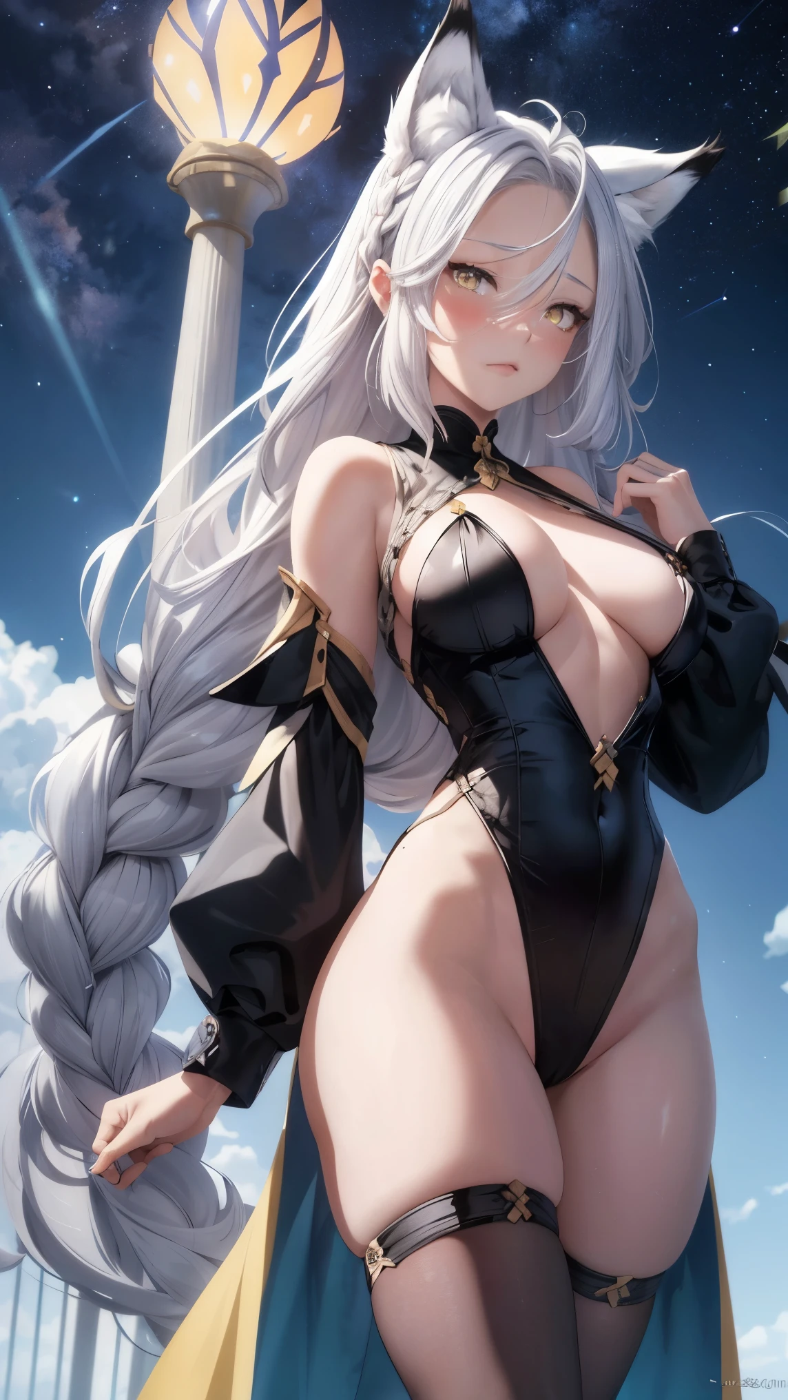 (master piece, best quality:1.2), absurdres, realistic, vibrant colors, (front light:1.4), 1 (attractive woman, white platinum long hair:1.2), BLARKY beautiful caucasian woman with ((long hair, grey hair, braid)), (yellow eyes:1.3), fair skin, expressive face, attractive appearance, animal ear fluff, animal ears, bangs, blush, extra ears, yellow fox ears, fox girl, fox tail, hair between eyes, large breasts, adult, (age 16 years:1.3), (height 162 cm:1.3) , attractive face, perfect body, (petite:1.5), cool beauty, sexy girl, (silver hair, yellow eyes), (tsurime), glossy lips, (embarrassed, blush), glacier background, milky way, starry night, from below, ShenheV4