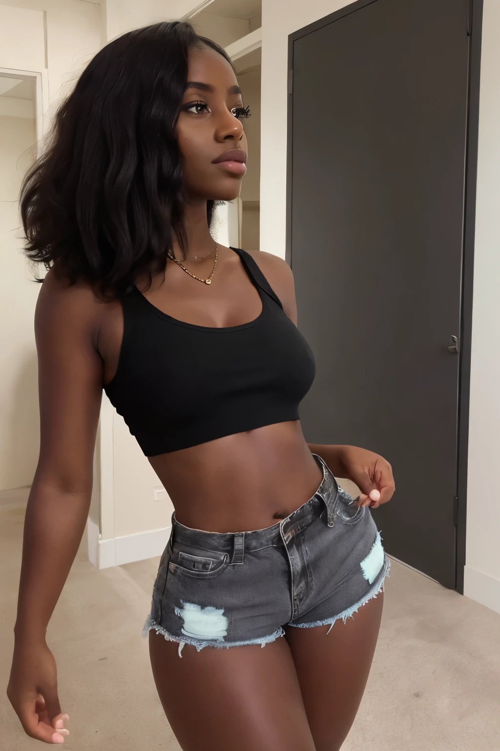 araffe in a black top and shorts is walking in a room, a pastel by Lily Delissa Joseph, instagram, happening, bra and shorts streetwear, tight black tank top and shorts, dark skinned, black teenage girl, black girl, skinny waist and thick hips, thick thighs, dark brown skin, beautiful city black woman only, black young woman