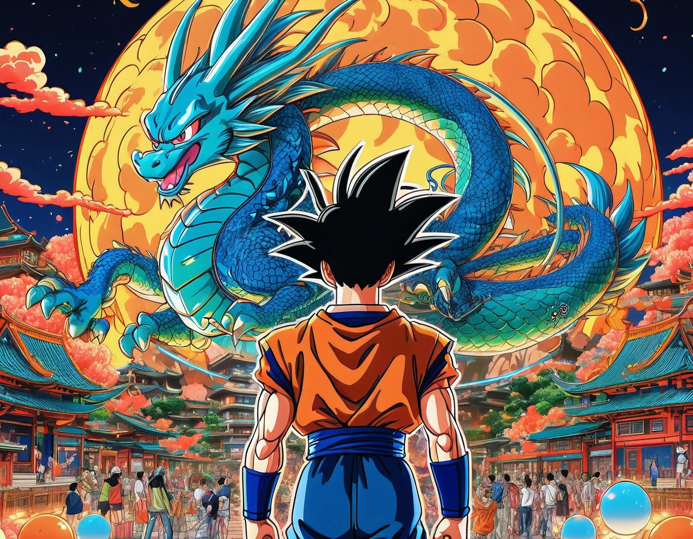 (Manga cover:), pen drawing style, HD 8K, rich plot, intricate background, rich details of the characters, Dragon Ball imagery, high-level perspective, neon night scene, rich atmosphere, summer noon, strong three-dimensionality, vivid character expressions, vivid character shapes, perfect scene details, and the overall style is strong and vibrant.