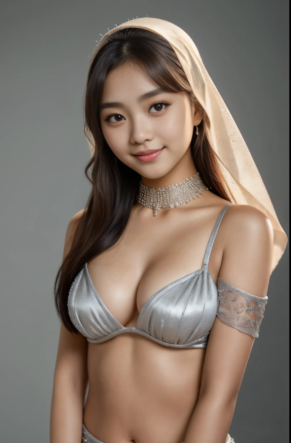 tzuyu, iu, yooa, 2girls, silver bellydancer, cleavage,  two beautiful teen javanese and chinese girls with hijab and few soft freckles, mole below eyes, detail skin texture, smile, , dramatic light , Rembrandt lighting scheme, (hyperrealism:1.2), (8K UHD:1.2), (photorealistic:1.2), shot with Canon EOS 5D Mark IV, detailed face, detailed skin texture, 35mm, over-the-shoulder shot,cool-toned color grading, Deep Focus cinematography effect, Natural Lighting, high quality, ultra detail, 8k resolution,