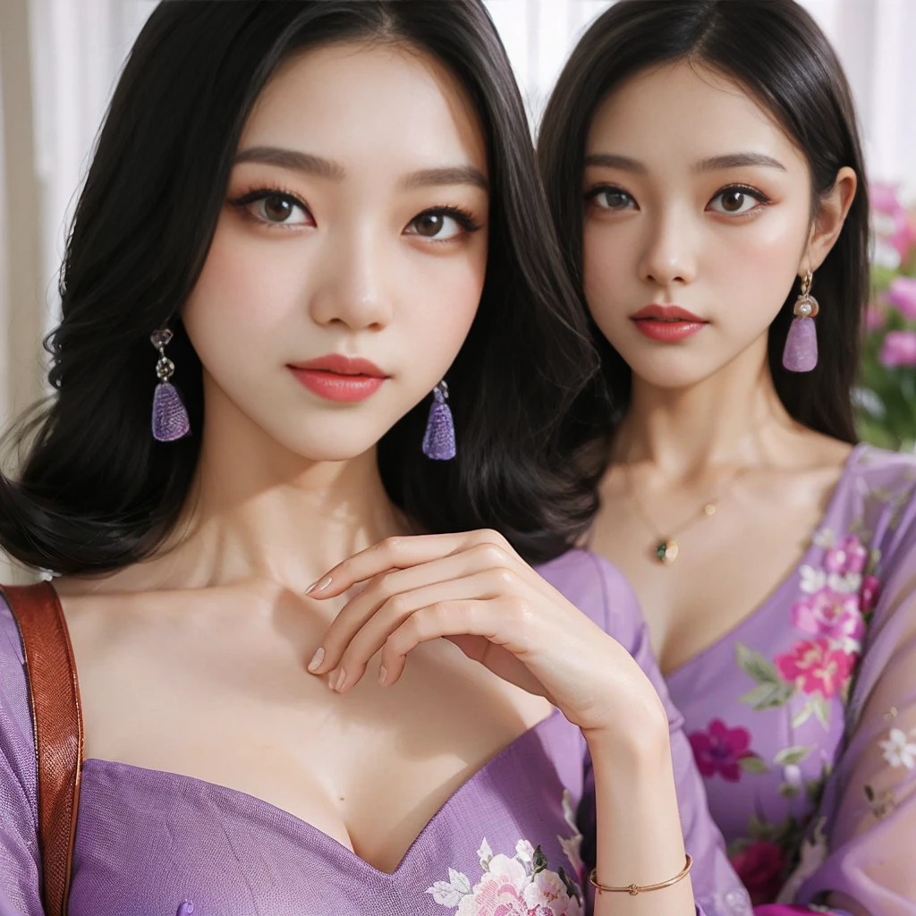 two asian women in purple dresses posing for a picture, yanjun chengt, purple dress, ao dai, sakimichan, high quality portrait, cheongsam, purple skin color, light purple, with beautiful colors, popular south korean makeup, 8k)), purple color, beautiful gemini twins portrait, beautiful south korean woman, purple outfit, chinese dress