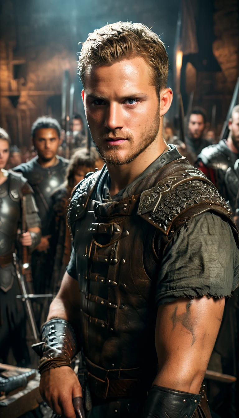 Illustrate Ragnar's sons standing together, clad in armor and wielding weapons, ready for battle, crowd cheering for them , detailed face, detailed face expressions, natural face expressions, face in detail, asymmetrical faced,(tall and slender body), fair and smooth skin, detailed hands, detailed fingers, masterpiece, cinematic lighting, physically based rendering, lens flare, award winning rendering, perfect rendering detail, 8K, realism, detailed background, everything in detail, cinematic shot, dynamic lighting, 75mm, Technicolor, Panavision, cinemascope, fine details, 8k, HDR, realism, realistic, key visual, film still, superb cinematic color grading, depth of field, ,midjourney