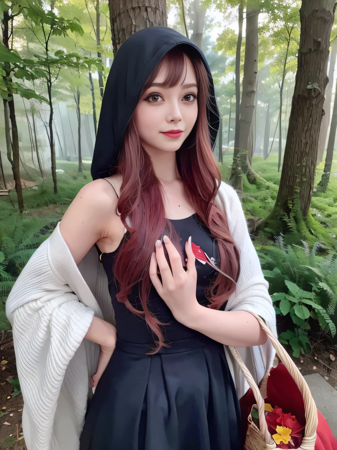 (best quality,4k,8k,highres,masterpiece:1.2),ultra-detailed,(realistic,photorealistic,photo-realistic:1.37),red riding hood,forest,enchanted,lonely,dark,ominous,beautiful detailed eyes,beautiful detailed lips,longeyelashes,wildflowers,old twisted trees,gloomy atmosphere,full moon,butterflies,detailed lace dress,hunter,steady gaze,rustling leaves,storybook illustration,vivid colors,soft sunlight,deep shadows,wisps of fog,mysterious,enchanted forest,slender figure,basket with goodies,wide-eyed gaze,nervously clutching cape,oversized hood,golden curls,innocent smile,lost path,stretching shadows,hidden dangers.((Show your armpits))gal.safetensors
