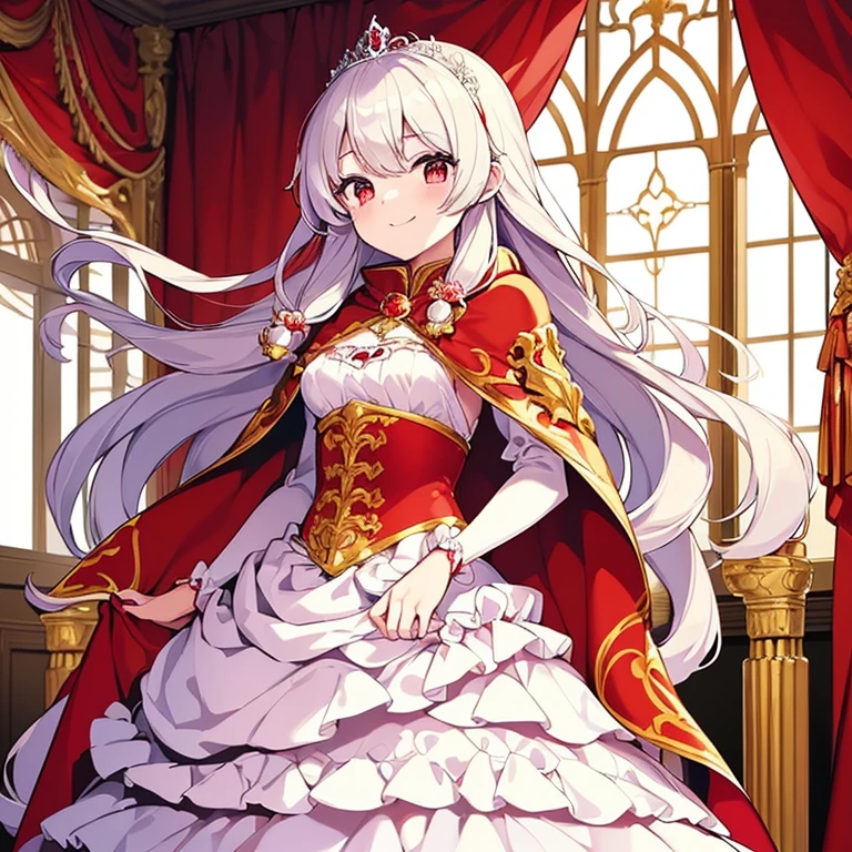 (best quality),(ultra detailed), upper body, beautiful anime art style, rococo style,(long train red cape), very long cape,(long train white ball gown with flower decorations), a girl is wearing a cape over her ball gown, 1 little princess, tiara, small breasts, smile, very long hair