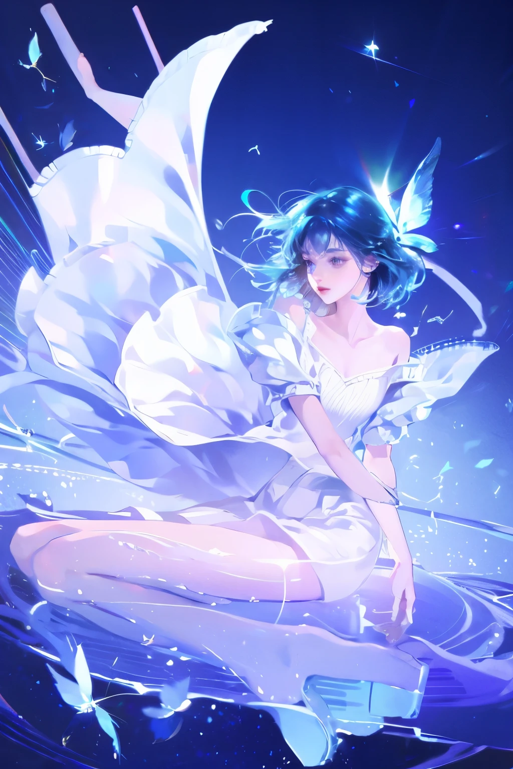 1 girl,clear water,blue butterfly,Pure white gauze skirt,sparkling