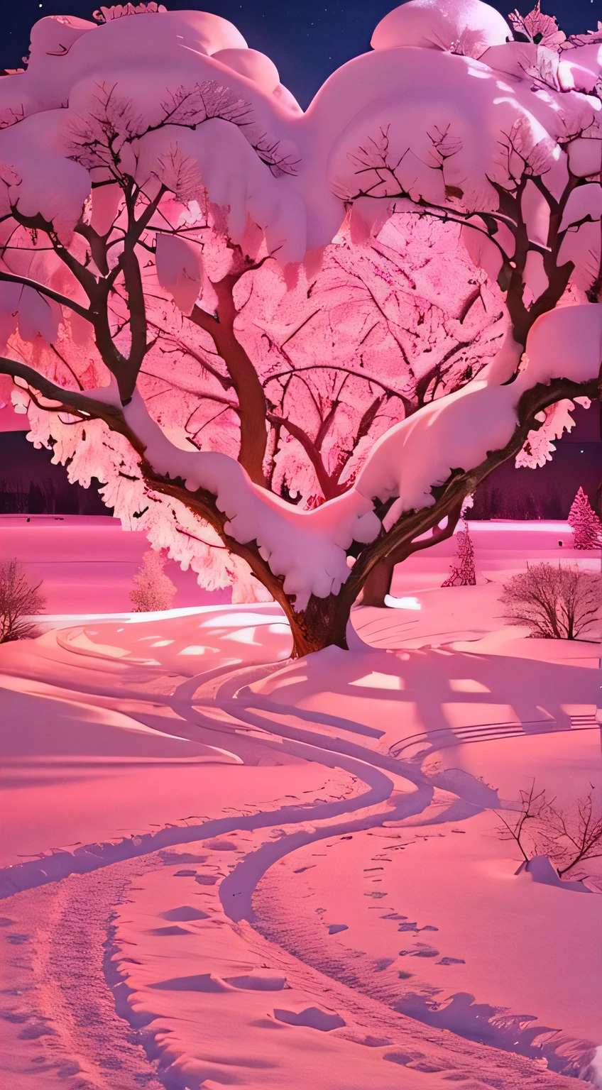 There is a heart-shaped tree in the middle of the snow path, breath - taking The beautiful trees, breath-taking The beautiful trees, Pink soft light 4K, glowing snow, pink trees, The beautiful photography, stunning cinematography, absolutely outstanding image, The beautiful, very The beautiful photo, The beautiful image ever created, dramatic pink light, The beautiful!!!, Magical tree, Suffocating, pink landscape