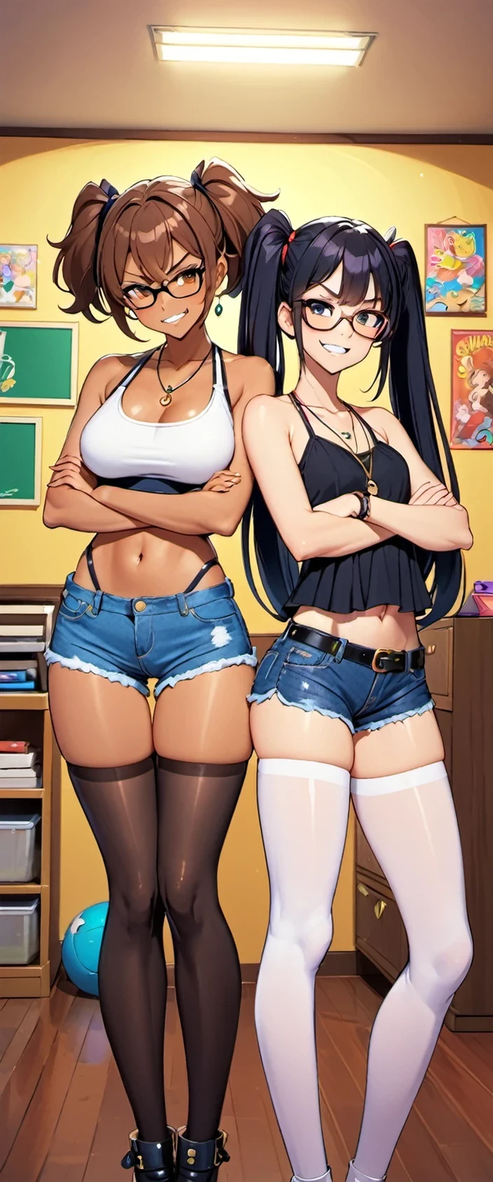 two animated female characters posing in a cartoon room together, one of the characters dressed in skimpy clothing, shorts, striped, tan, thighhighs, black hair, glasses, jewelry, crossed arms, navel, multiple girls, necklace, tanlines, 2girls, midriff, short shorts, long hair, denim, twintails, clenched teeth, brown eyes, brown hair