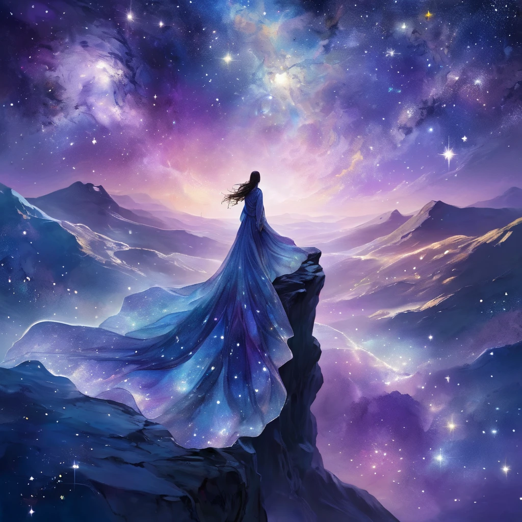 A figure stands on a cliff, enveloped in swirling streams of cosmic energy, amidst a dreamy, nebulous landscape. The silhouette of the person is wrapped in a flowing, ethereal gown that merges with the celestial currents. The sky is a tapestry of deep purples and blues, sprinkled with stars, and the landscape below is hinted at with soft, rolling mountains. The scene is one of tranquility and the sublime, capturing the majestic essence of the cosmos with a single, contemplative figure standing in awe.