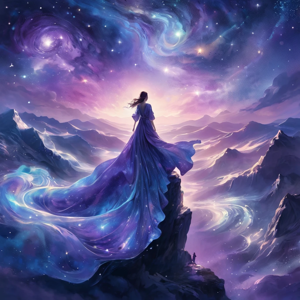 A figure stands on a cliff, enveloped in swirling streams of cosmic energy, amidst a dreamy, nebulous landscape. The silhouette of the person is wrapped in a flowing, ethereal gown that merges with the celestial currents. The sky is a tapestry of deep purples and blues, sprinkled with stars, and the landscape below is hinted at with soft, rolling mountains. The scene is one of tranquility and the sublime, capturing the majestic essence of the cosmos with a single, contemplative figure standing in awe.