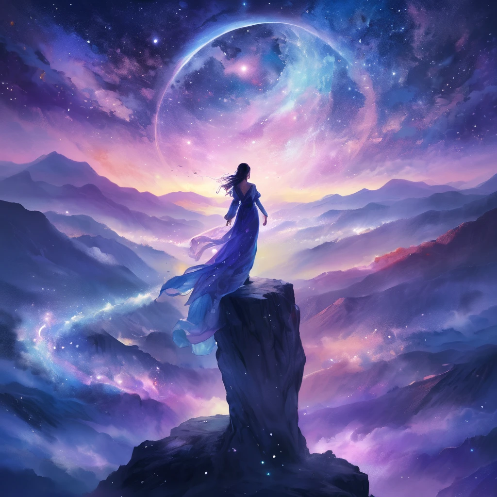 A figure stands on a cliff, enveloped in swirling streams of cosmic energy, amidst a dreamy, nebulous landscape. The silhouette of the person is wrapped in a flowing, ethereal gown that merges with the celestial currents. The sky is a tapestry of deep purples and blues, sprinkled with stars, and the landscape below is hinted at with soft, rolling mountains. The scene is one of tranquility and the sublime, capturing the majestic essence of the cosmos with a single, contemplative figure standing in awe.
