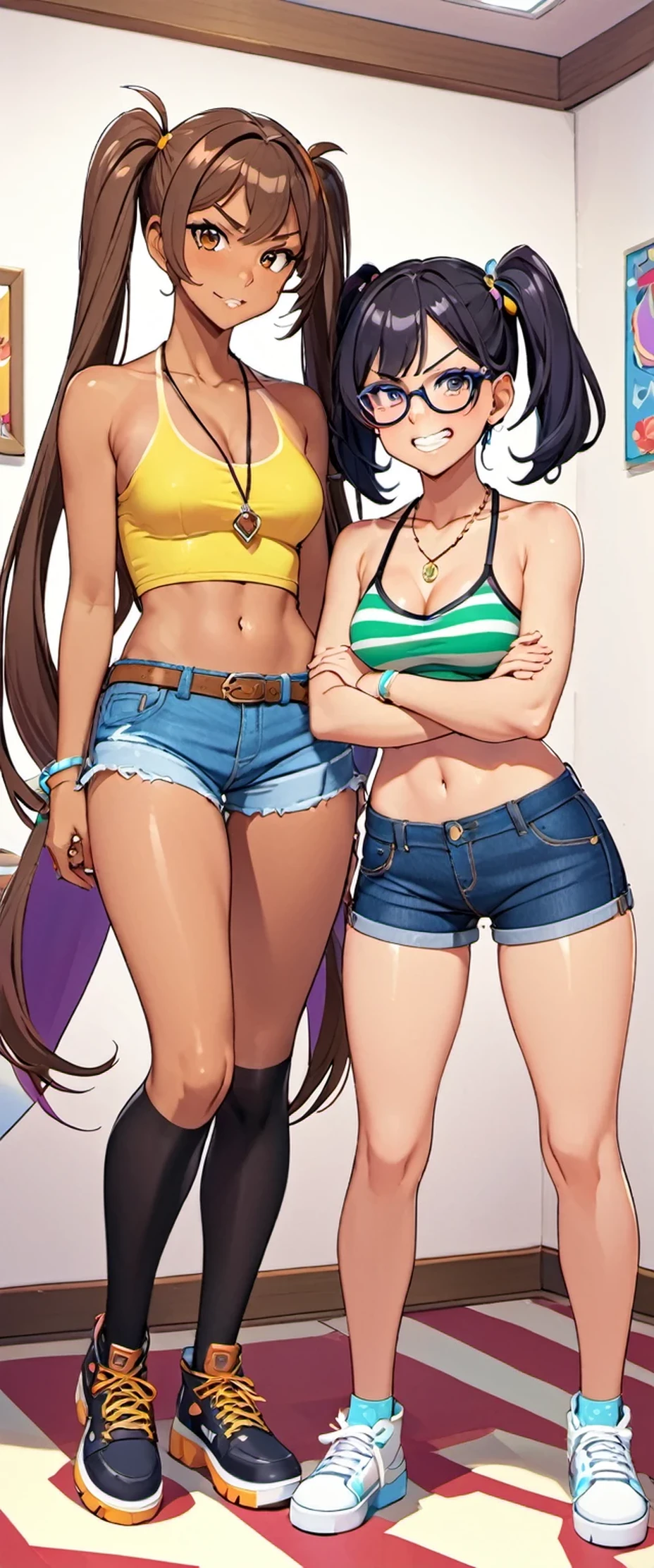 two animated female characters posing in a cartoon room together, one of the characters dressed in skimpy clothing, shorts, striped, tan, thighhighs, black hair, glasses, jewelry, crossed arms, navel, multiple girls, necklace, tanlines, 2girls, midriff, short shorts, long hair, denim, twintails, clenched teeth, brown eyes, brown hair