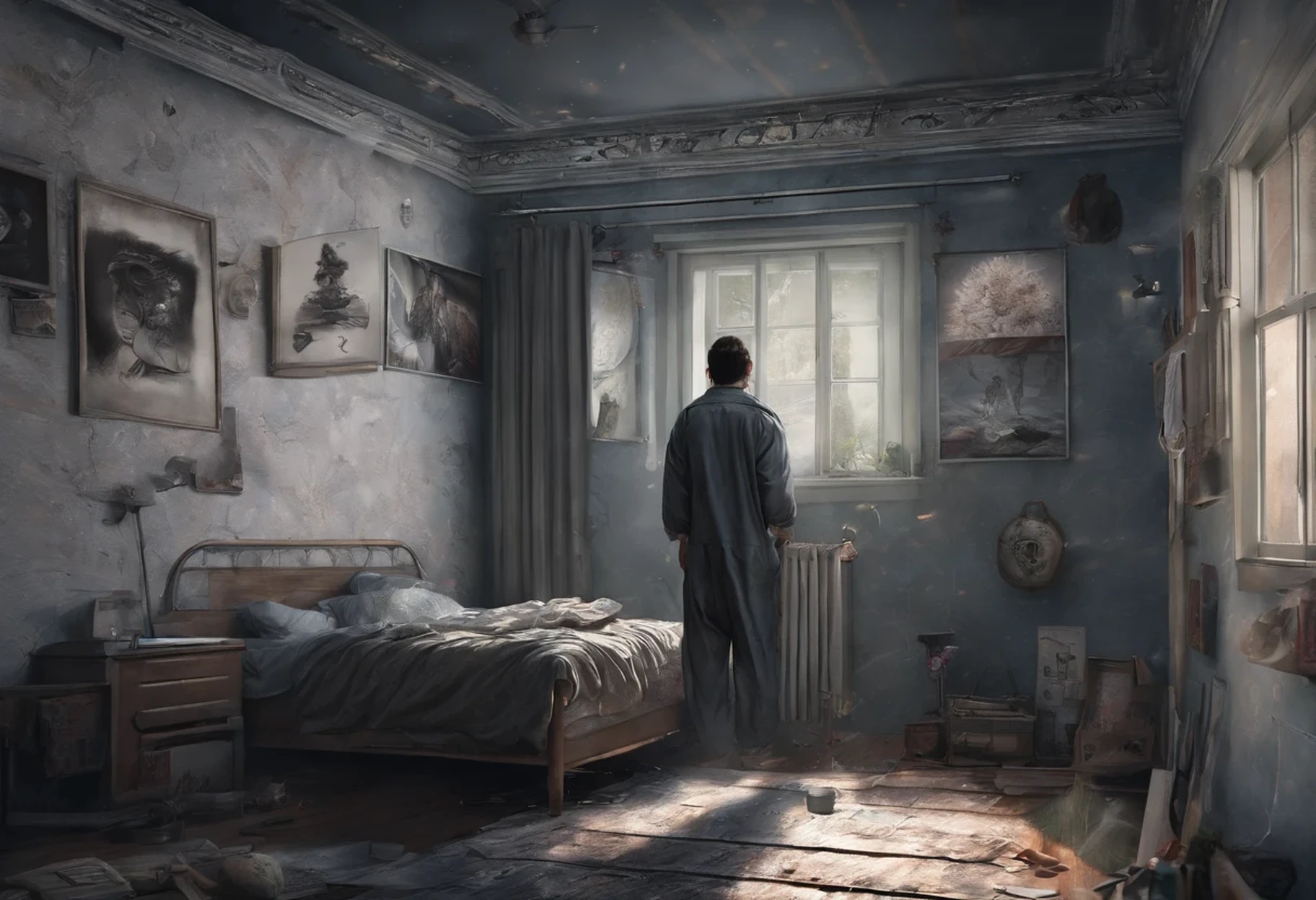 A man in pajamas wandering in pitch-black space、Depression patient looking out the window、Unstable position due to lack of footing、sleepwalking、Feeling like it's hard to breathe and death is approaching、Space in the mirror、person reaching out、(I want to be freed from nightmares and sleep peacefully.)、The world you see is truly real?