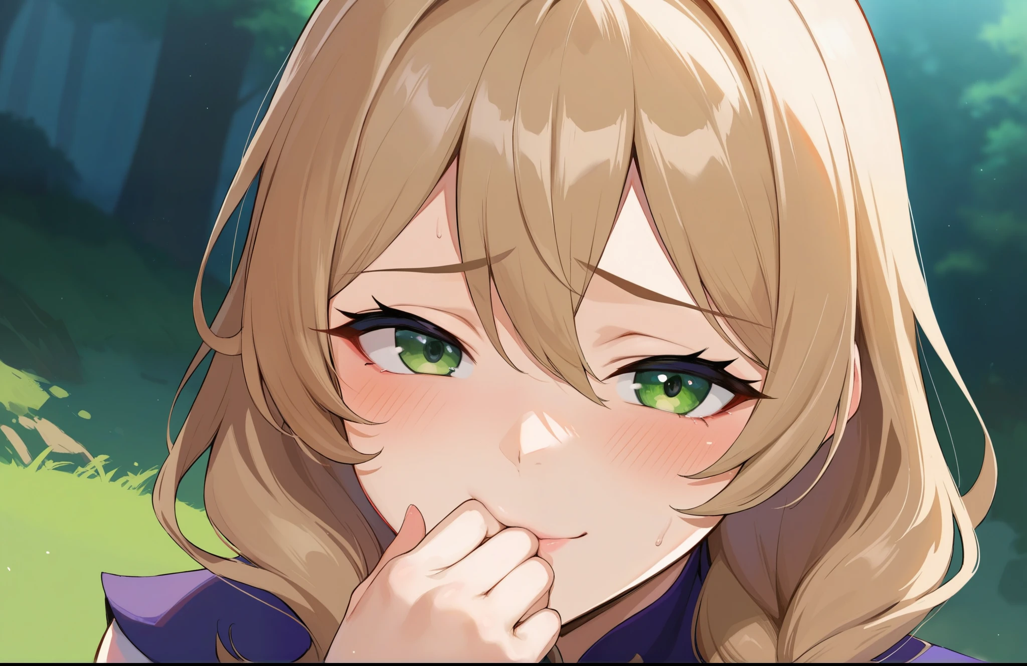 score_9, score_8_up, score_7_up, score_6_up, source_anime, BREAK by ikuchan kaoru, iku, clean color, flat color,1girl, genshin impact, lisa genshin impact, outdoors, in Forest,  face focus, face closeup, face, face only, smug, shy, embarrassed, covering mouth, covering eyes, mocking, giggle, humiliation 
