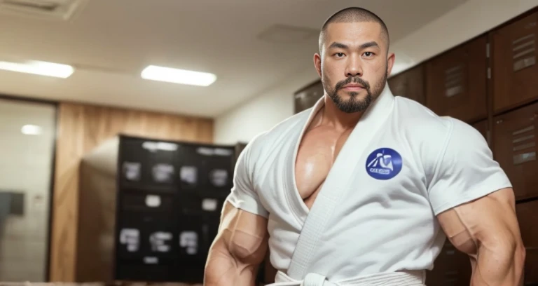 (exposed chest:1.5), (judo uniform:1.2), (inside club locker room:1.2), Japanese man, Chinese man, Korean man, Taiwanese man, manly face, (round face:1.2), (monolid eyes:1.2), (buzz cut:1.4), very large and strong body, (bulging muscles:1.3), (very large pectoral muscles:1.3), (muscular arms:1.3), muscular abs, muscular legs, muscular back, brightens oily skin, master piece, realistic, panorama, distant view