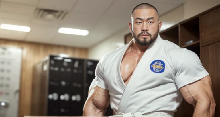 (exposed chest:1.5), (judo uniform:1.2), (inside club locker room:1.2), Japanese man, Chinese man, Korean man, Taiwanese man, manly face, (round face:1.2), (monolid eyes:1.2), (buzz cut:1.4), very large and strong body, (bulging muscles:1.3), (very large pectoral muscles:1.3), (muscular arms:1.3), muscular abs, muscular legs, muscular back, brightens oily skin, master piece, realistic, panorama, distant view