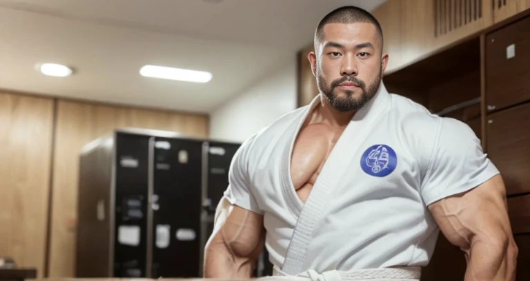 (exposed chest:1.5), (judo uniform:1.2), (inside club locker room:1.2), Japanese man, Chinese man, Korean man, Taiwanese man, manly face, (round face:1.2), (monolid eyes:1.2), (buzz cut:1.4), very large and strong body, (bulging muscles:1.3), (very large pectoral muscles:1.3), (muscular arms:1.3), muscular abs, muscular legs, muscular back, brightens oily skin, master piece, realistic, panorama, distant view