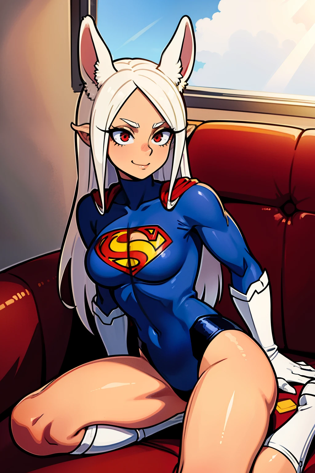 chicas lindas,ojos rojos redondos, cabello blanco、orejas de conejo,sexy、sonriendo,Peinado liso medio a largo、(tetas grandes,vestido de superman,traje de superman,En una casa de alquiler,sitting on the couch,Noche,estaba lloviendo afuera,Upper body is wet..,cuerpo entero,lleva un traje de superman,lleva un traje de superman,orejas de conejo,esta de pie,cuerpo entero