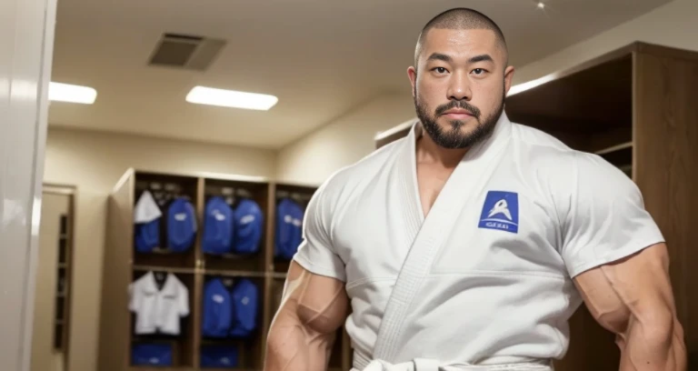 (exposed chest:1.5), (judo uniform:1.2), (inside club locker room:1.2), Japanese man, Chinese man, Korean man, Taiwanese man, manly face, (round face:1.2), (monolid eyes:1.2), (buzz cut:1.4), very large and strong body, (bulging muscles:1.3), (very large pectoral muscles:1.3), (muscular arms:1.3), muscular abs, muscular legs, muscular back, brightens oily skin, master piece, realistic, panorama, distant view