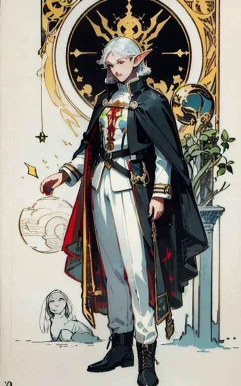 (Full length shot:1.3), darkest_Diffusion, (girl, 1 beautiful face, adult, (Tired, sad),skinny, fragile, thin, Medium breasts:1.4),(White hair, bob haircut, ((delicate facial features)),),(white outfit, Red accents, Coat Assasin, military coat, Boots, fantasy pants, Adventurer Costume:1.3),(Yellow eyes:1.2),(using dark magic:1.4),(absurdity, A high resolution, ultra detailed), (elf:1.3), finely detailed eyes and a detailed face, fool \Tarot\, the bard, clown, symbolism, art, occult, universal, Vision Casting, Philosophical, Iconography, Numerology, Popularity, art, Alphonse Mucha