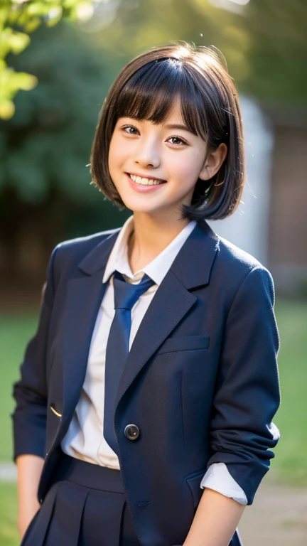 (highest quality,8K quality,masterpiece:1.3),(超A high resolution,Photoreal:1.4,RAW photo),(super detailed,caustics,detailed background),(ultra-realistic capture,Fine and beautiful skin,perfect anatomy),at dusk,sunset sky,school building,schoolyard,18-year-old,cute,double eyelid,black short bob,school blazer uniform,look at the camera,laughter,whole body,natural soft light