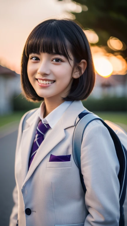(highest quality,8K quality,masterpiece:1.3),(超A high resolution,Photoreal:1.4,RAW photo),(super detailed,caustics,detailed background),(ultra-realistic capture,Fine and beautiful skin,perfect anatomy),at dusk,sunset sky,school building,schoolyard,18-year-old,cute,double eyelid,black short bob,school blazer uniform,look at the camera,laughter,whole body,natural soft light