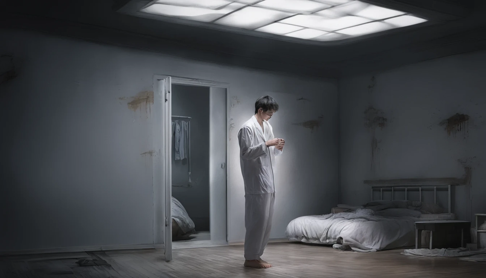 A man in pajamas wandering in pitch-black space、Depression patient looking out the window、Unstable position due to lack of footing、sleepwalking、Feeling like it's hard to breathe and death is approaching、Space in the mirror、person reaching out、(I want to be freed from nightmares and sleep peacefully.)、The world you see is truly real?