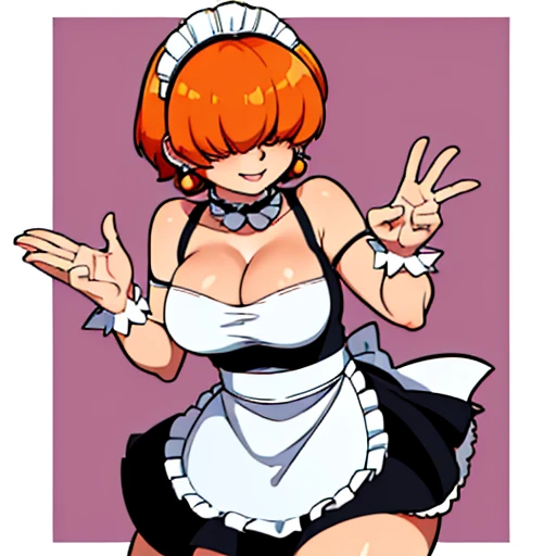 By bebebebebe ,High quality,Female ,((,hair covering eyes,fluffy hair,short hair,Confident smile,(breasts),solo,orange hair,toned,she Is in a maid uniform ,black EarrIngs,5 Fingers,side mansion