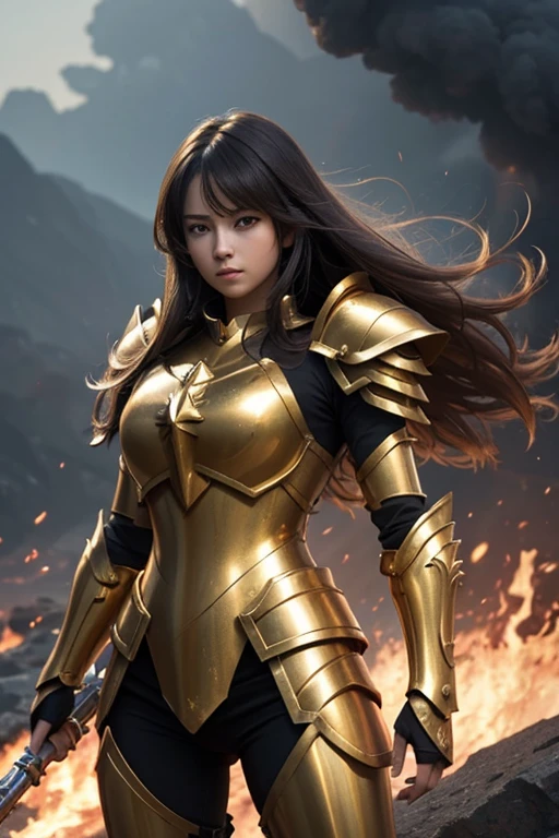 A fierce and powerful Roman female warrior stands resolutely amidst a battlefield, her expression determined and unwavering. She is clad in intricate bronze armor that gleams with a golden hue, including a detailed breastplate and pauldrons. Her helmet, adorned with a large, plume-like crest, adds to her imposing presence. The warrior holds a large, ornate shield with a sunburst design, its surface scarred from battle. Fiery embers float in the air around her, illuminating her flowing hair and the edges of her armor. The background hints at a smoky, war-torn environment, enhancing the dramatic atmosphere