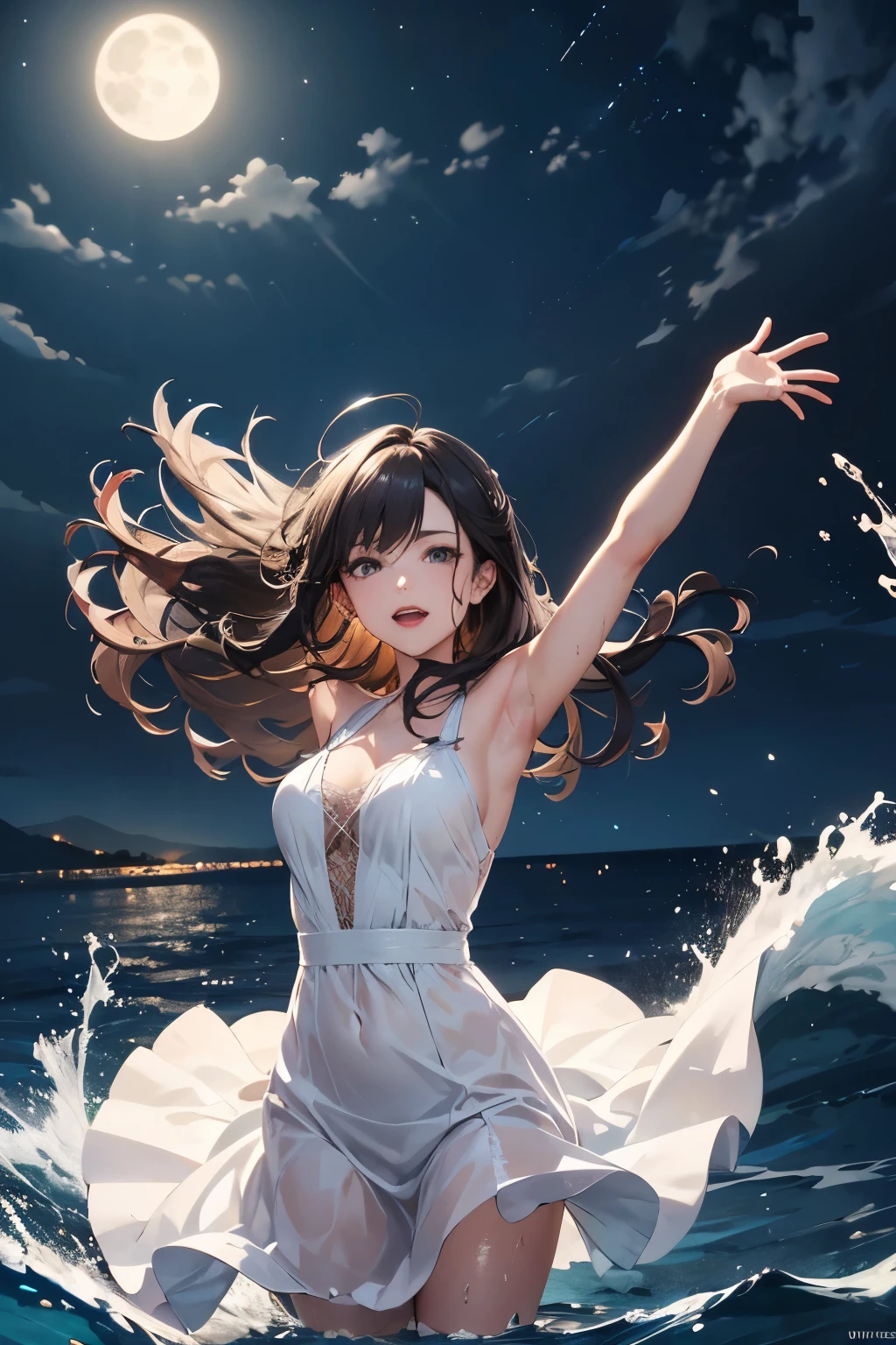 A mature woman with her arms outstretched and feeling the wind at the tip of a luxury cruise ship, long hair, illuminated by moonlight, sea spray, masterpiece, white dress getting wet.