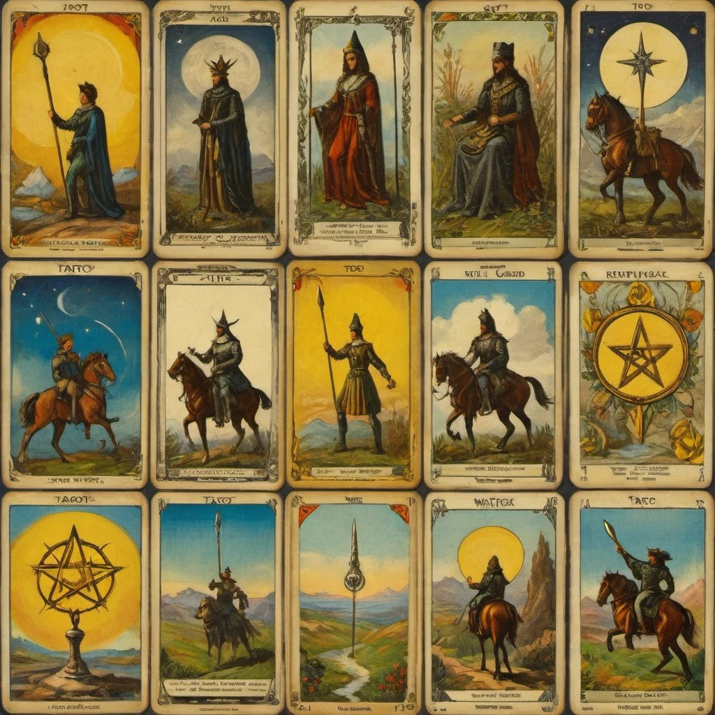 Tarot cards, Rider—Waite Tarot style, collage- quatrich 4 images: sword rod cup pentacle, stack of cards, aesthetics,, protogen, ((best quality, Masterpiece)), ((Highest detail)), RAW:1,1, 8k