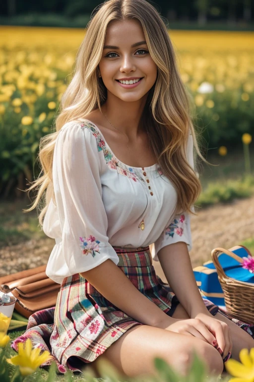 1 gorgeous European blonde woman, aged 23, long wavy hair, shes a model, sexy pose, flirting with camera,smiling, happiness,  (beauty face:1.2), perfect face, perfect eyes, perfects hands, perfect breast, perfect hair, perfect body, perfect feet, (she wears a loose floral blouse and a skirt, sitting in a colorful flowers field, having a picnic:1.3), beautiful and smiling, cinematic lighting, god rays, backlighting, drop shadow, Fujicolor, Nikon, 135mm, Ultra-Wide Angle, UHD, retina, masterpiece, accurate, anatomically correct, textured skin, super detail, high details, high quality, award winning, best quality, highres, 16k