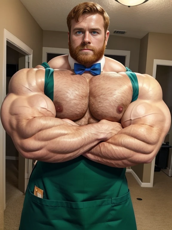 ginger daddy with blue/green eyes, very gorgeous man, very handsome man, very beautiful man, very masculine face, bursting with muscles, gigachad muscles, lean but muscular, ripped, proportionally enormous pecs, (crossing arms:1.5), arms crossed, big package bulge, hung, (Muscular:2.0), (defined muscles:1.5), flexed chest, (Huge Bulge:1.3), soft smile, wearing nothing but an apron and a bowtie, Face the mix of Armie Hammer an Josh Hutcherson on a matured man with a beard, ginger
