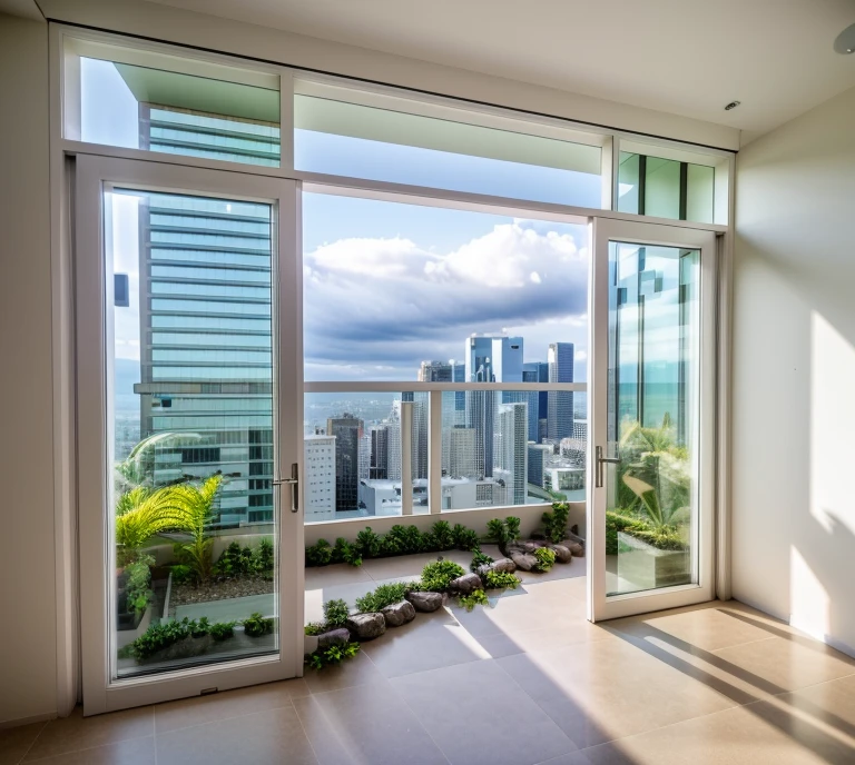 balcony, view city, day light, sky, cloud, details plant, plant around, small trees, grass, stone on the floor, white, stone, rock, wood floor, metal door, white concrete wall, photo realistic, high quality, sharper,  high-end, realistic photography, sharp, unique details, award-winning photography, Canon EOS 5D DSLR Mark IV, f/ 6, ISO 100, 1/ 250 sec, best quality, super high resolution,