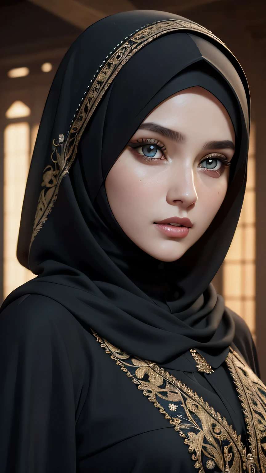 (RAW style, masterpiece, best quality, ultra-detailed) closed-up view , a beautiful hijab woman ((beautiful eyes)) wearing abaya , exquisite image boasts an ultra-realistic and ultra-detailed representation, with intricate details that capture the depth and nuance of every feature. The depth of field is expertly rendered, adding a sense of dimension and texture to the scene. Octane renders bring out the ultra-definition in the (skin texture, film grain), imbuing the image with a cinematic feel that is further enhanced by the cinematic light, which bathes the girl's face in sidelighting. The ultra high