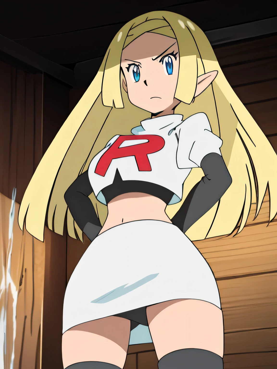 8k, masterpiece,highres,very large breast, team rocket uniform, red letter r, white skirt,white crop top,black thigh-high boots, black elbow gloves, glaring angrily, looking down at viewer, hands on hips, cowboy shot, zettai ryouiki,from below, black panties,anime style, vivid colors, sharp focus, intense lighting,zelda,short blond hair,crown braid