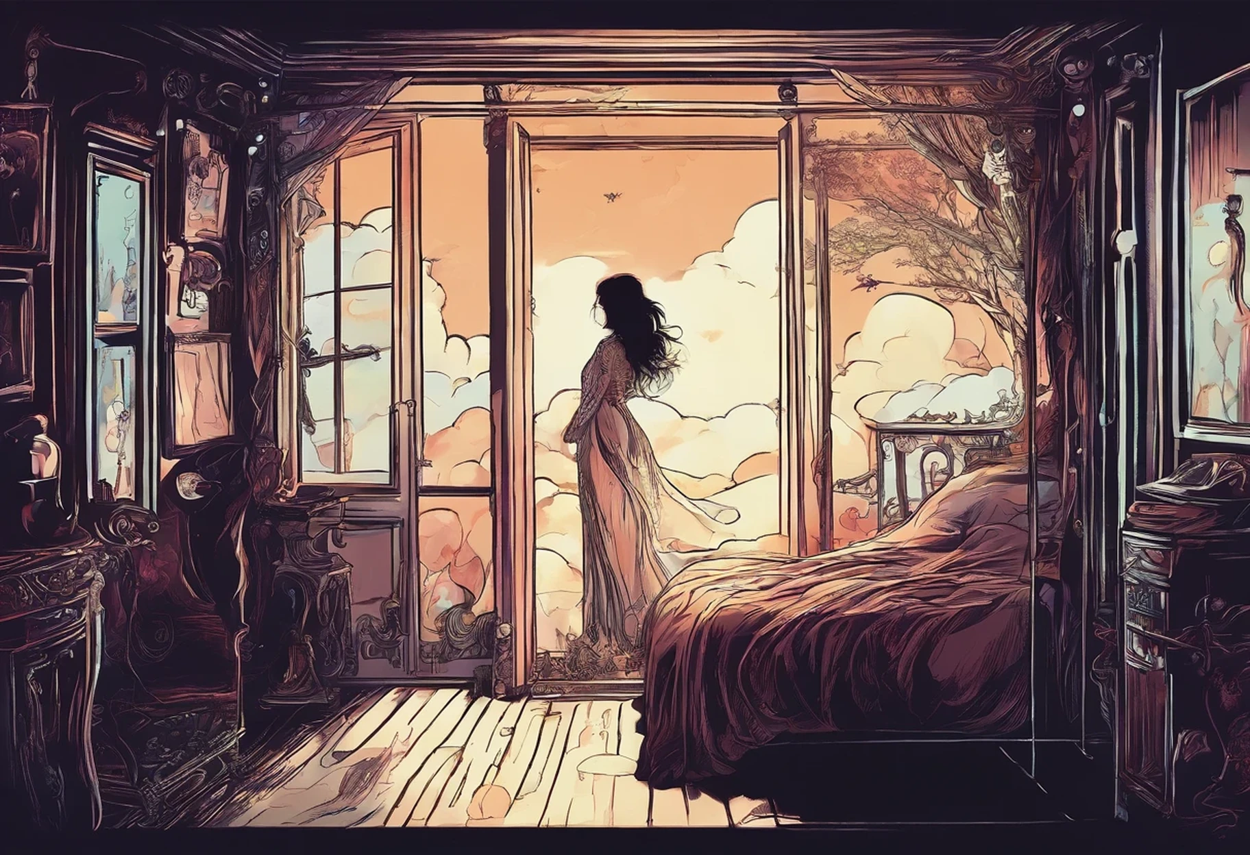 A man in pajamas wandering in pitch-black space、Depression patient looking out the window、Unstable position due to lack of footing、sleepwalking、Feeling like it's hard to breathe and death is approaching、Space in the mirror、person reaching out、(I want to be freed from nightmares and sleep peacefully.)、