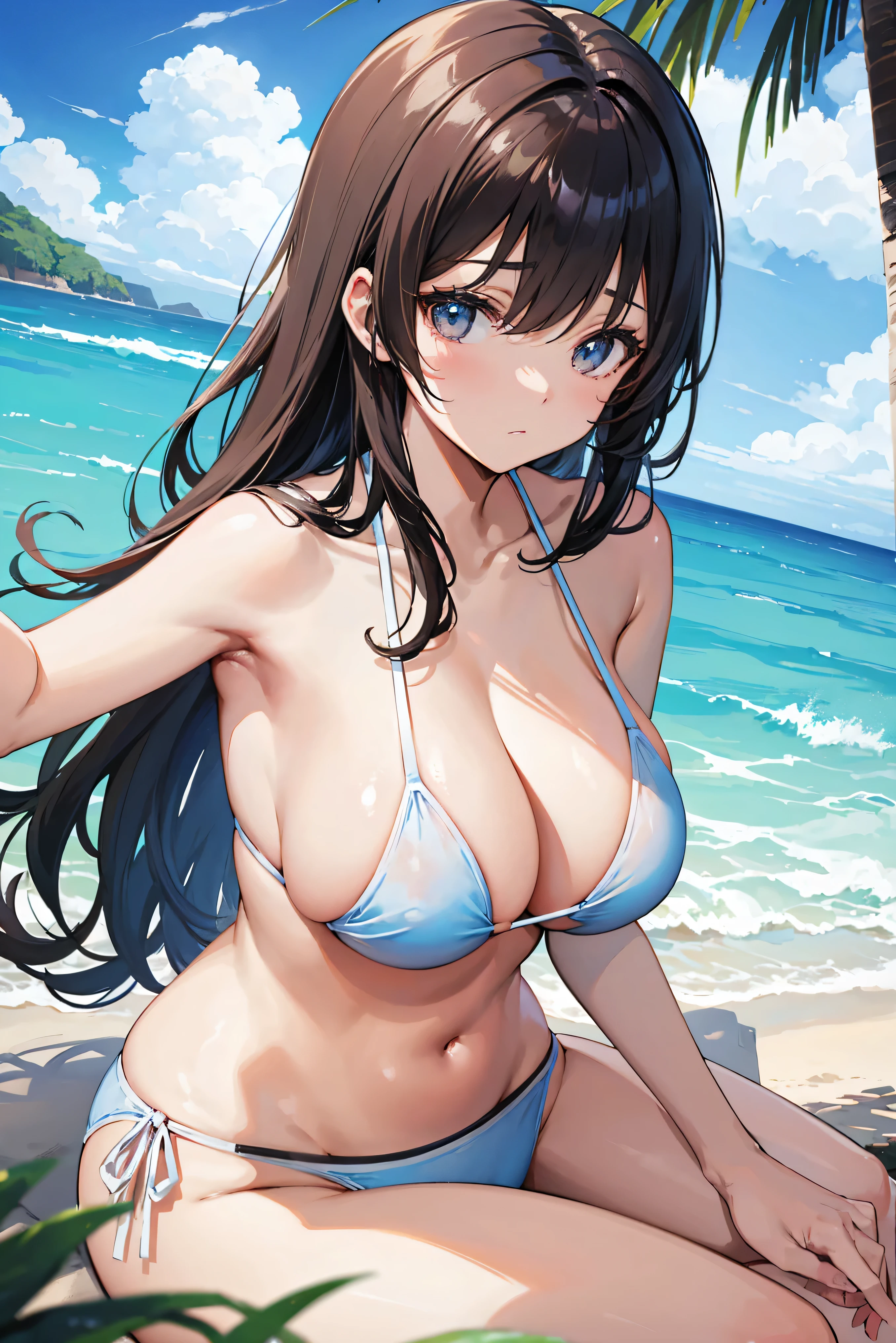 a close up of a woman in a bikini sitting on a beach, oppai,  at a beach, with a large breasts, large breasts, 