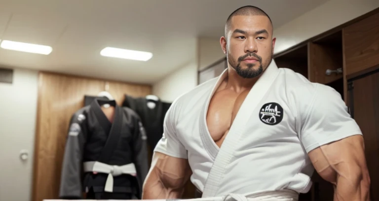 (black belt:1.5), (exposed chest:1.5), (judo uniform:1.2), (inside club locker room:1.2), Japanese man, Chinese man, Korean man, Taiwanese man, manly face, (round face:1.2), (monolid eyes:1.2), (buzz cut:1.4), very large and strong body, (bulging muscles:1.3), (very large pectoral muscles:1.3), (muscular arms:1.3), muscular abs, muscular legs, muscular back, brightens oily skin, master piece, realistic, panorama, distant view