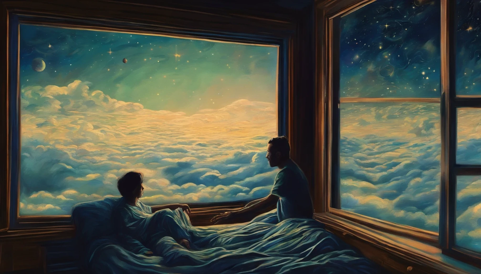 A man in pajamas wandering in pitch-black space、Depression patient looking out the window、Unstable position due to lack of footing、sleepwalking、Feeling like it's hard to breathe and death is approaching、Space in the mirror、person reaching out、