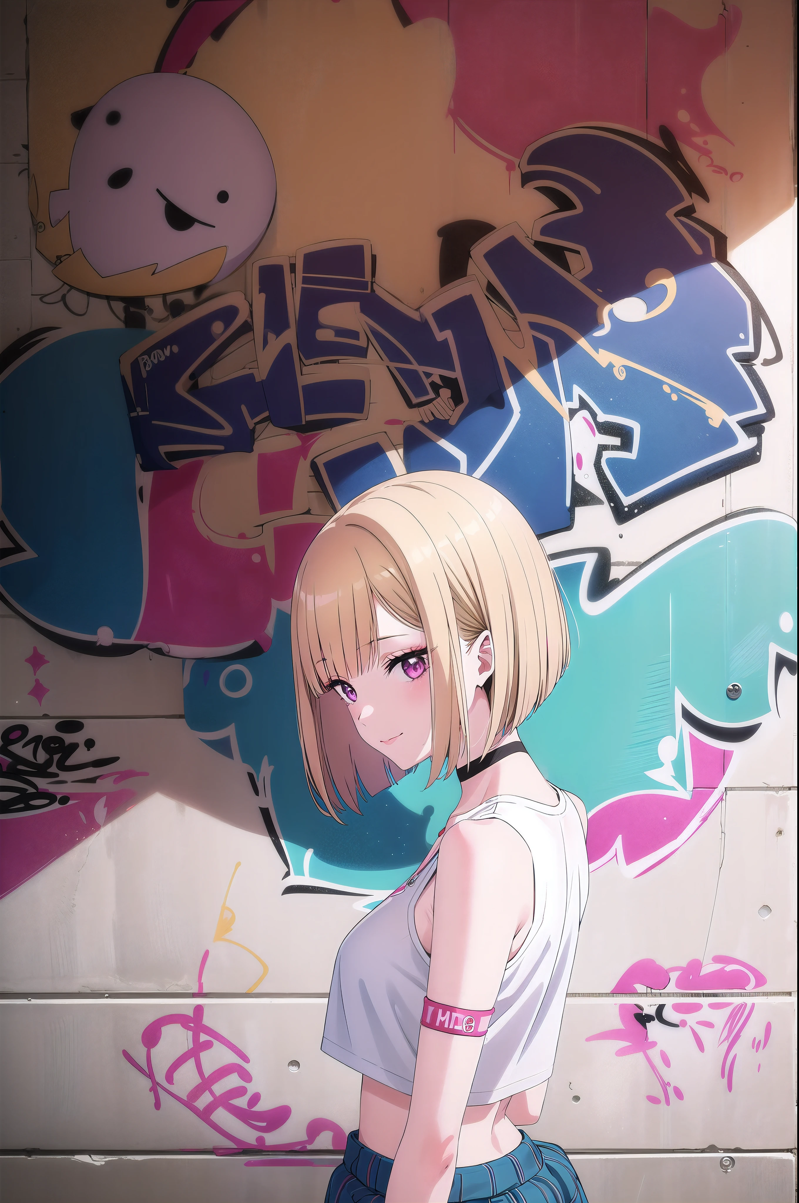 masterpiece, best quality, 1girl, solo, stylish crop top, smile, vibrant short yellow hair, bobhair, short-hair, short bob hair, (((bobcut))), bob haircut, very short bob cut, lip length hair, (sciled bob), buzzed nape ((haircut:1.3)), undercut, bobbed hair, minibob, sidecut, shaved, pink eyes, graduation bob, straight short hair, short hair above the ears, Shot diagonally from the side, elegant braid, soft bangs, upper body, alluring choker, (graffiti:1.5), artistic paint splatter, seductive arms behind back, leaning against wall, exposed back, fashionable armband, urban hiphop style, flirty skirt, playful head tilt, intense expression, warm orange, dynamic asymmetrical design, bold geometric shapes, creative street art
